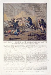 Jean Bart (1651-1702), commandant naval français prenant le convoi hollandais, 1696, gravé par Jean Baptiste Morret, 1789